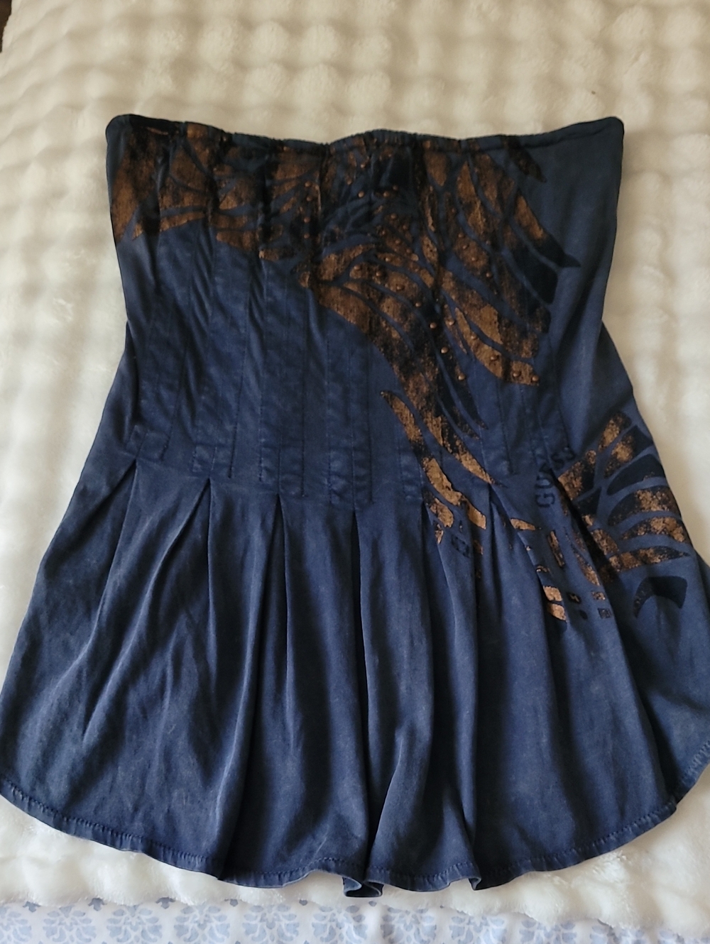 Guess- Strapless Navy Top with Bronze Print Accents